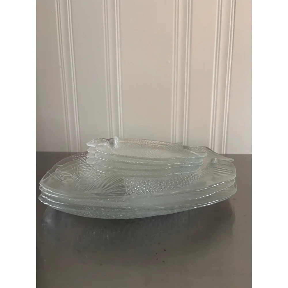 Arcoroc France Clear Glass Fish Plates Set of 8 Coastal Nautical Dinnerware